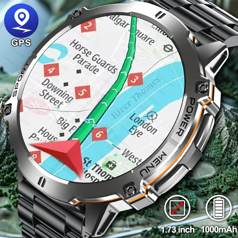 

Мужские умные часы военного класса с GPS, аккумулятор 1000 мАч, 1,73-дюймовый AMOLED Bluetooth-вызов, 5 атм, водонепроницаемые спортивные умные часы для Xiaomi