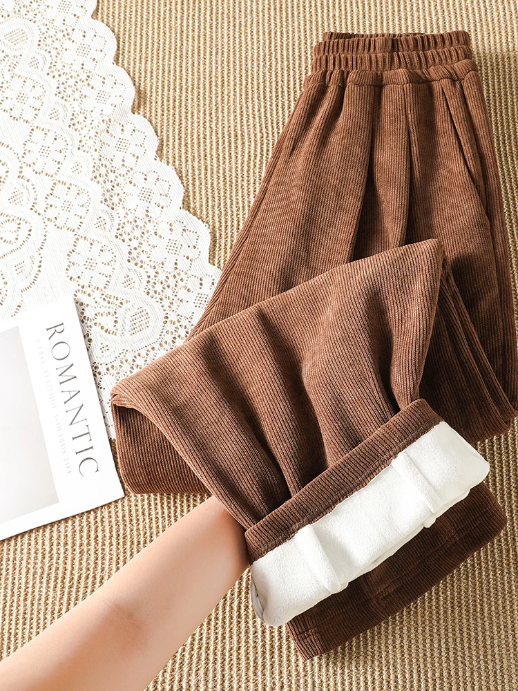 Retro Fleece Lined Thickened Corduroy Pants Women's Winter Cold Resistant Warm Outerwear Elastic Waist Turn up Casual Trousers