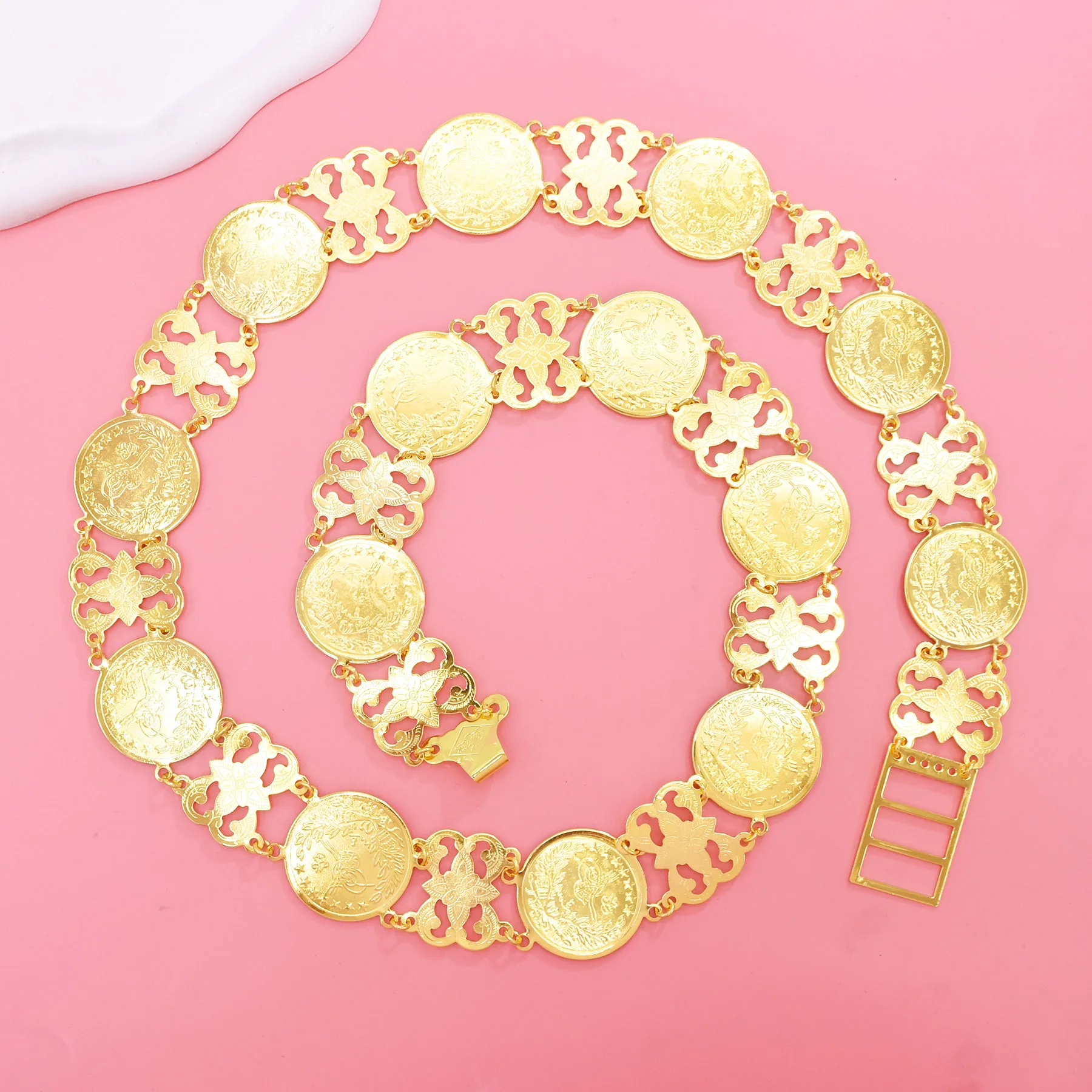 Ethnic Tribal Gold Coin Hollow Flower Waist Chain Bracelet Jewelry Set For Women Kurdish Turkey Wedding Dress Accessory Belt