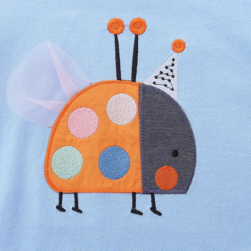 Toddler Kids Gril Sweatshirts 100% Cotton Pullover Tops Cute Cartoon Beetle Patch Hoodies Children Color Splicing Casual Outfit