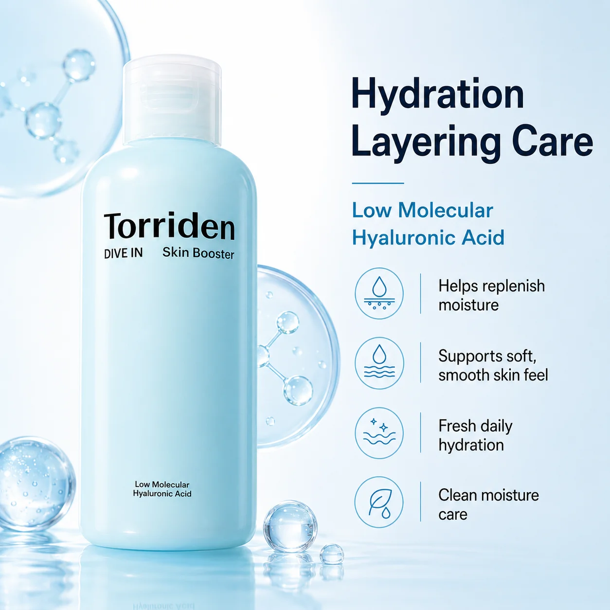 Torriden DIVE‑IN Skin Booster Low‑Molecular Hyaluronic Acid Hydration Layering Care Toner, Deep Moisture Replenish, Smooth Soft