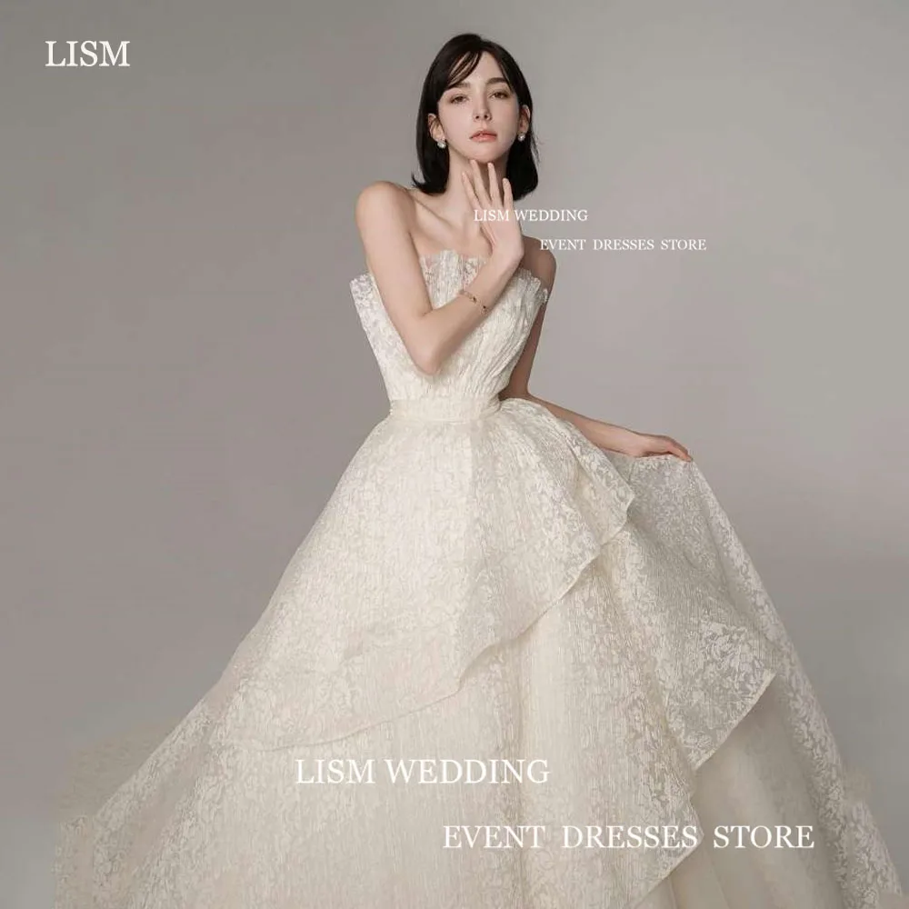 LISM Elegant Lace Korea Women Wedding Dresses Scalloped Sleeveless Ruffles A-Line Floor Length Formal Bridal Gowns Photo Shoot