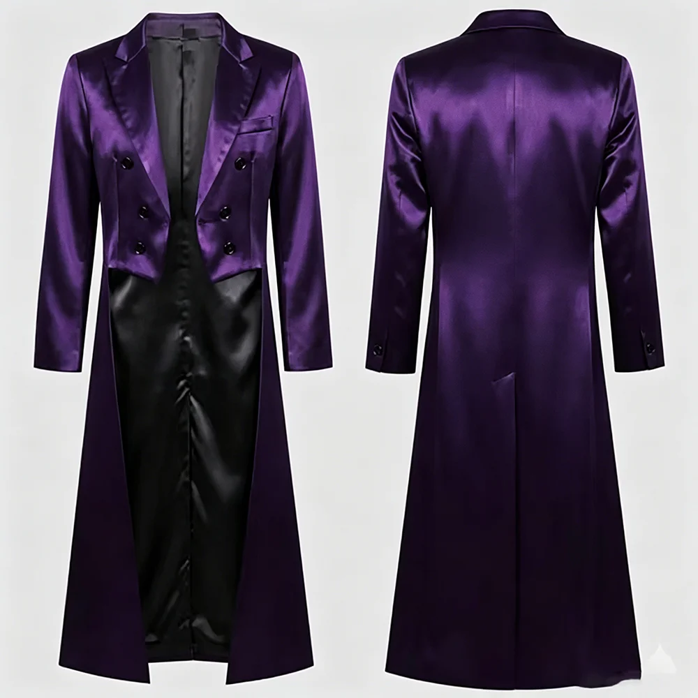 Vintage Men Purple Satin Long Tail Coat Double Breasted Stage Show Magician Costume Formal Modern 1 Piece Long Jacket