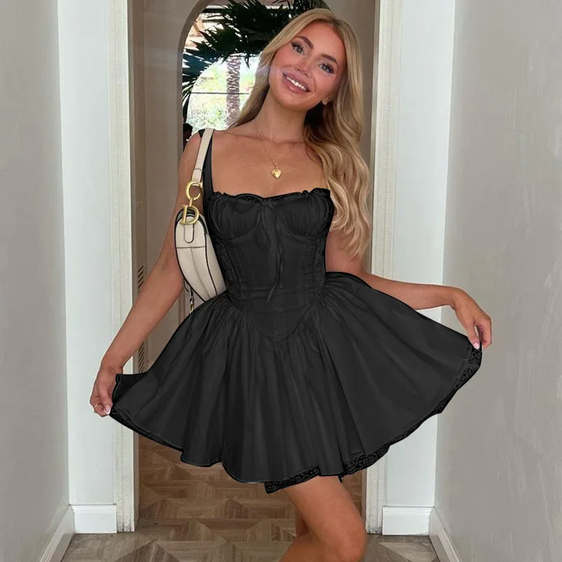 Mulheres quente vestido curto babados dupla camada sem mangas cinta de espaguete vestido de festa cocktail sem costas doce mini vestido