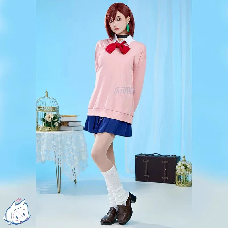 مجموعة أزياء Dandadan Anime School JK التأثيرية الوردية مع تنورة بقلنسوة وأقراط شعر مستعار مومو أيأسه ملابس حفلات الهالوين وأعياد الميلاد