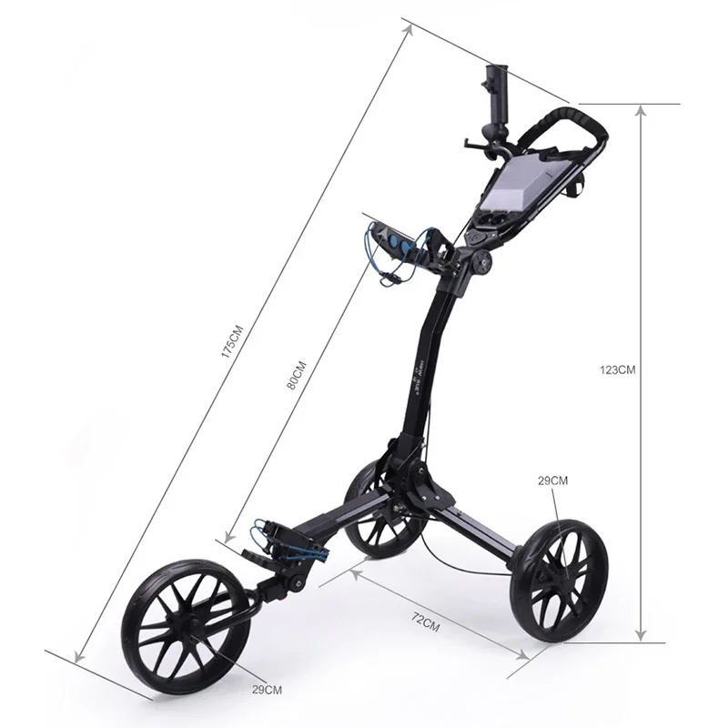 3 Wheels Golf Push Cart, Easy 1 Step Open and Fold, Scorecard Console, Beverage Holder, Mobile Device Holder