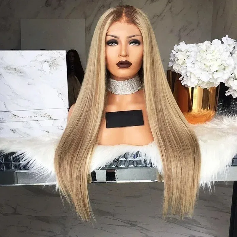 Straight Balayage Long Hair Wig Brown Blonde Highlight Synthetic Hair Fashion Women Daily Hair Replacement