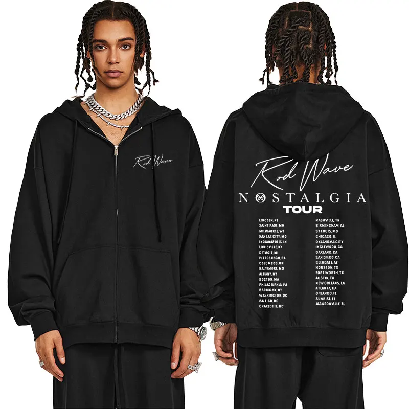 Rapper Rod Wave Nostalgia Tour Zipper Hoodie Men Women Hip Hop Casual Zip Up Jacket Men's Oversized Zip Up Sweatshirt Fans Gift