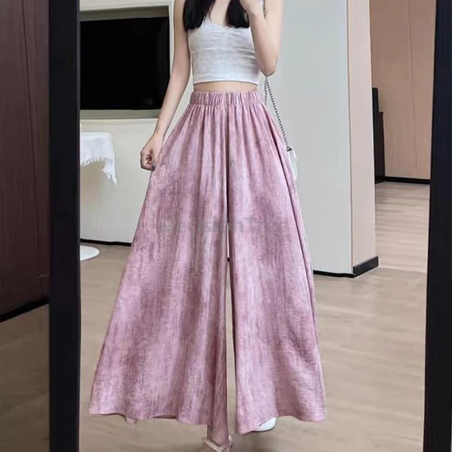 

2025 ice silk fabric chinese women's pants trendy retro tie-dye casual wide leg trousers elastic high waist temperament britches