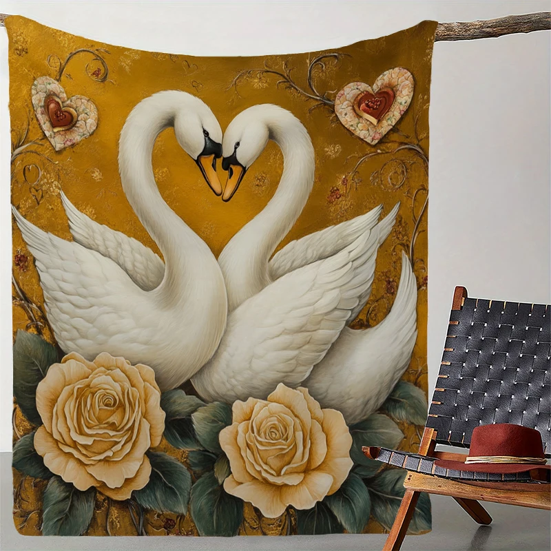 Rose Golden Swan Print Blanket Soft Throw Blanket for Home Bedroom Bed Sofa Travel Office Solid Cover Blanket Valentine's Day