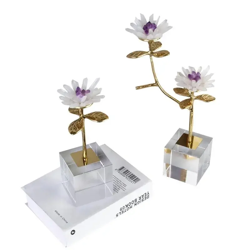 Ornement de fleur de cristal violet naturel en laiton nordique,