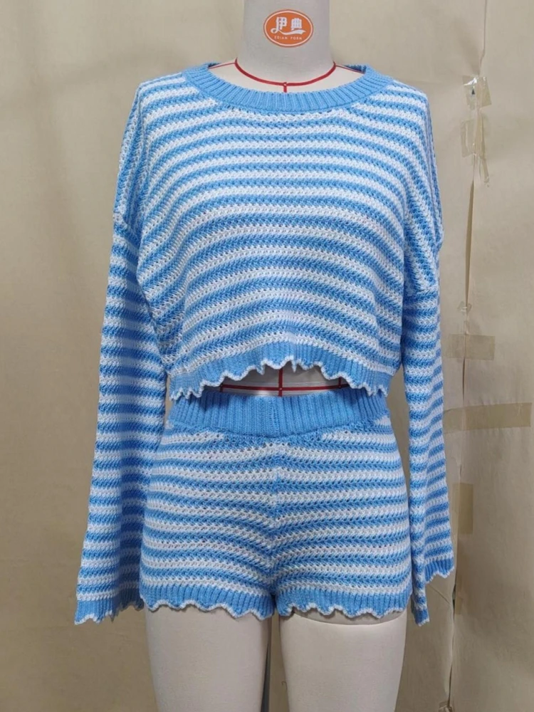 

Women's Summer Knited 2 Two Pieces Sets Suit Hollow Out Long Sleeve Pullover Knit Tops And Shorts Pants Beach Holiday 2026