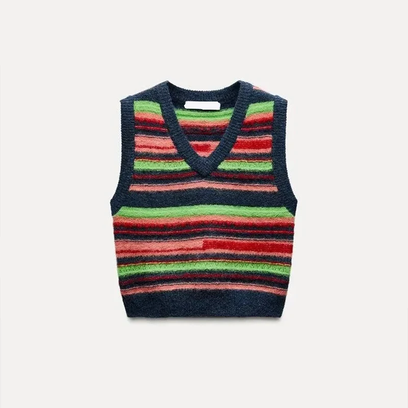 

Women's Knitted Vest Sle Striped V-Ne Sweater Spring 2025 New Arrival Polyester Fiber Casual Chic Faion Design
