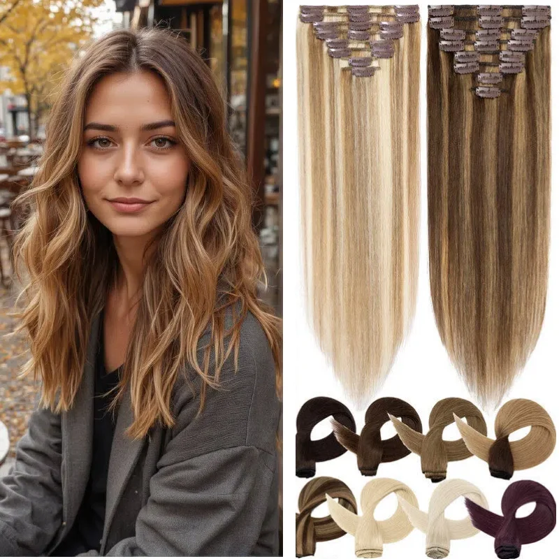 

7 штук накладных прядей из 100% натуральных человеческих волос, прямые, с возможностью индивидуальной настройки цвета, длины, веса и объема.