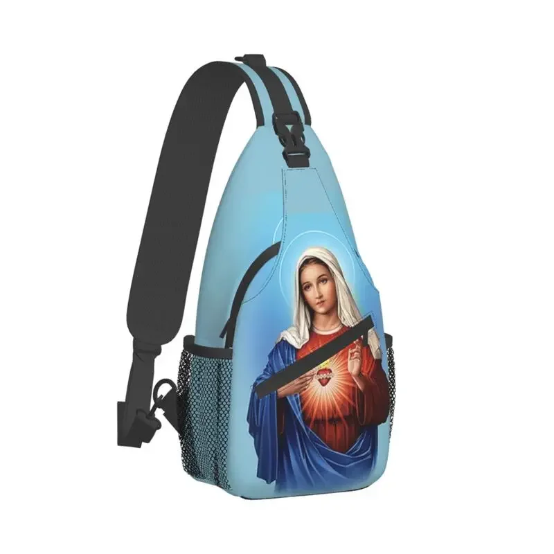 Holy Heart Of Mary Sling Chest Bag Custom Christianity Virgin Mary Crossbody Shoulder Backpack for Men Cycling Camping Daypack