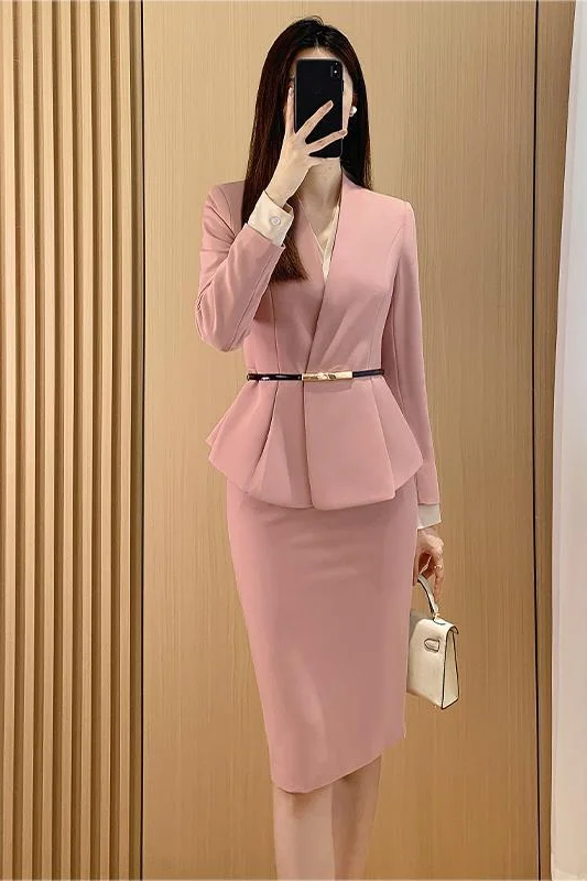 

Insozkdg Professional Commuter Pink Suit Women Sets Autumn New Luxury Waist Belted Suit Coat Slimming Midi Skirt Two Piece Set