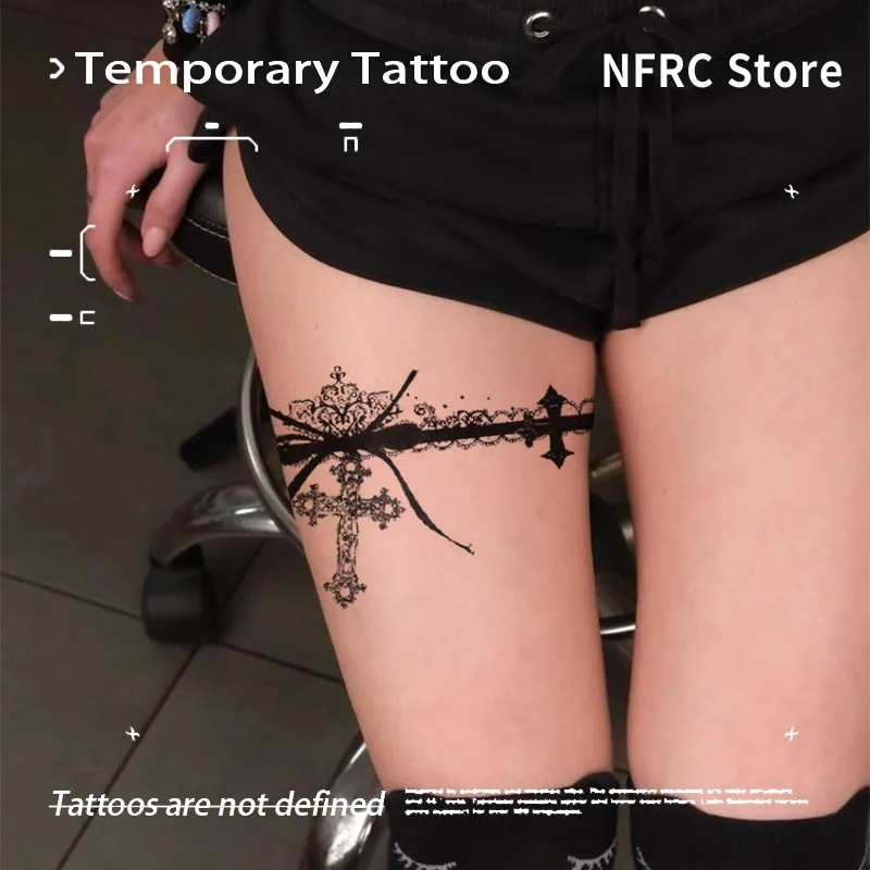 

Fake Tattoo Lace Bow Cross Garter Thigh Herbal Juice Sticker Temporary Tattoos Y2k Transfer Tattoos Sexy Adult Girl Tool Tatuaje