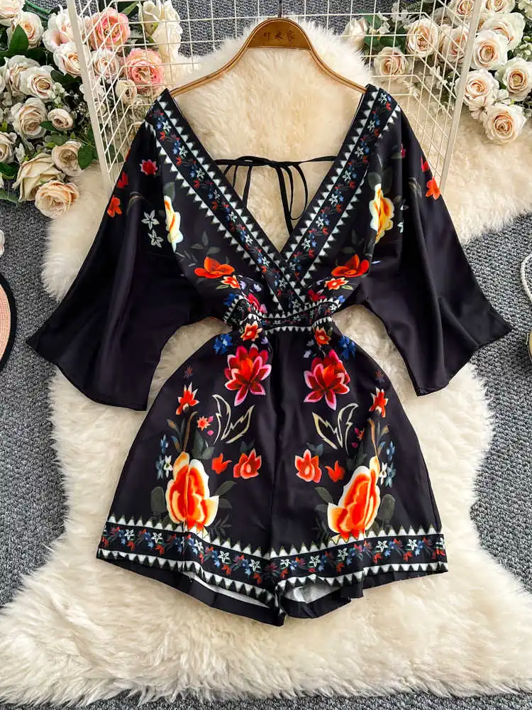 Women White Striped Jumpsuits 90s Vintage Print Shorts Playsuits Rompers Ladies Sexy V-Neck Overalls Fashion Clothes 2025 Summer