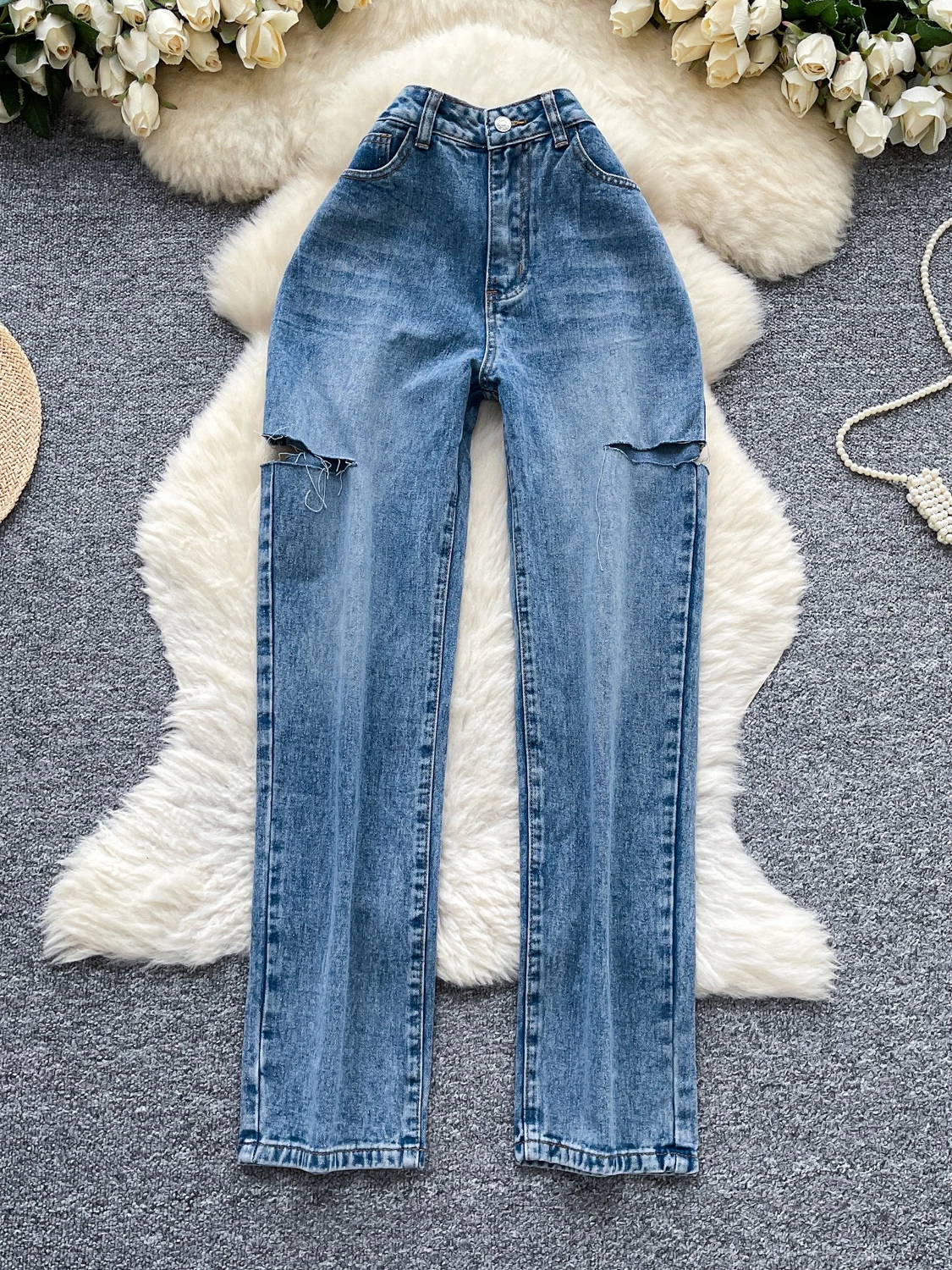 

Американские джинсы скинни для девочек, женские осенние рваные рваные узкие уличные брюки в стиле ретро, повседневные универсальные длинные брюки