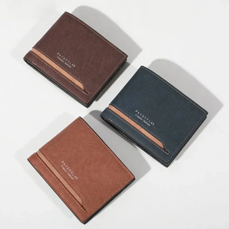 Retro Men Short Bifold Wallet Color Block Matte Fabric Horizontal Card Holder With Multiple Slots