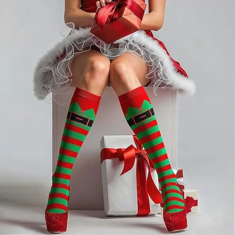 Soft Warm Striped Knee High Socks Xmas Gifts Performance Elf Cosplay Socks Stretchy Holiday Knee High Stockings Cosplay