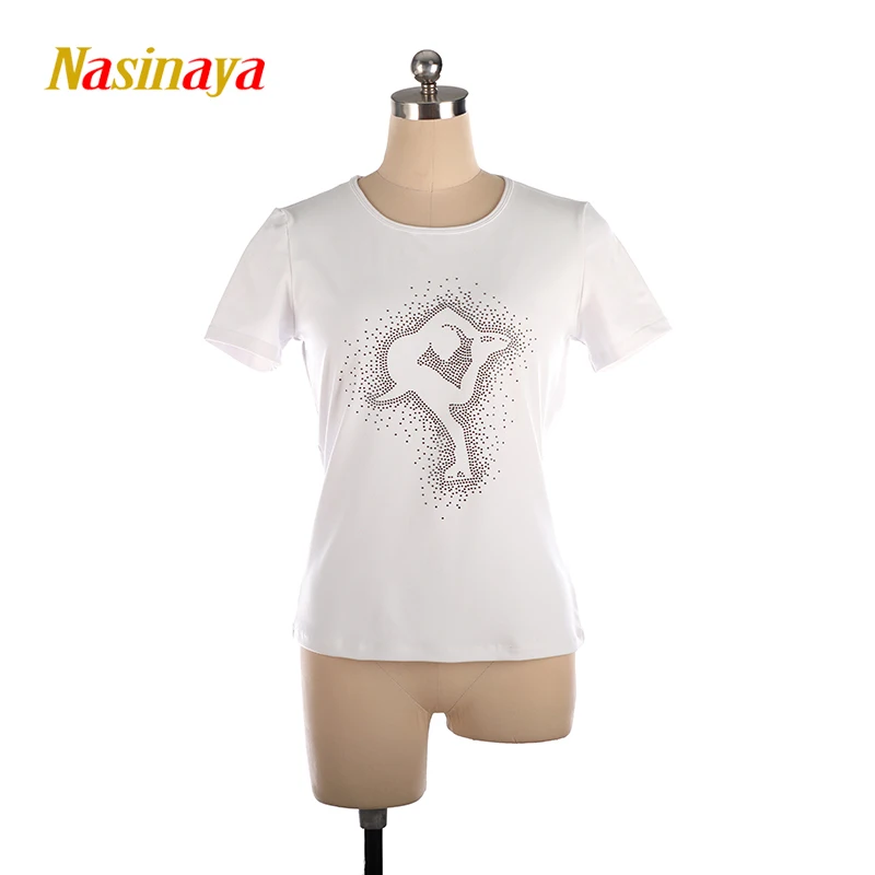 Women's Figure Skating Training Competition T-shirt Patinaje Rhythmic Gymnastics Short Sleeve Shiny Rhinestone 1
