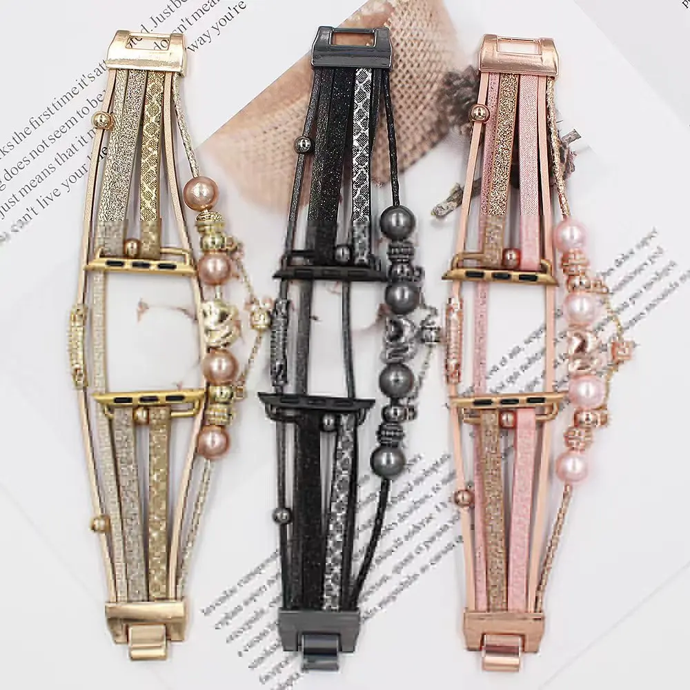 Luxury Leather Strap For Apple Watch 7 41mm/45mm 44mm/40mm 38mm 42mm women Metal charm bracelet iwatch series 5 4 3 6 SE band