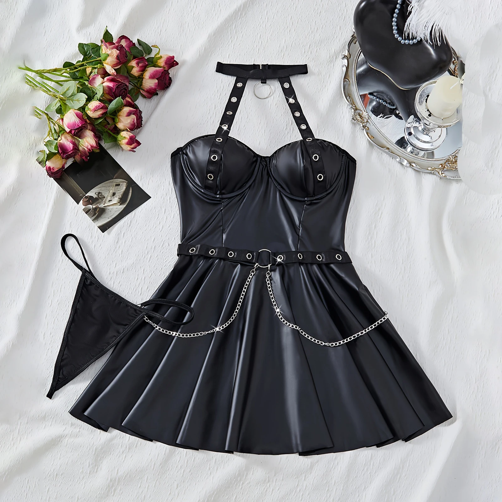

Womens Lingerie Set Cutout Metal Ring Chain Halter Neck Mini Babydoll Leather Dress with Thong 2 Pcs Set
