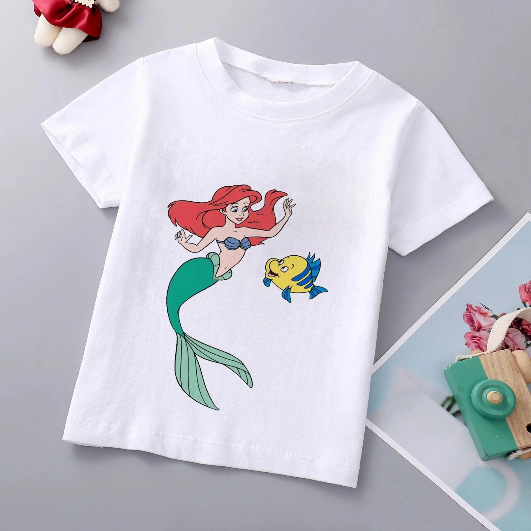 Disney Brand Girls Mermaid Princess Print Cotton T Shirt Ariel Princess Clothes Children Cartoon Top1-9Years Kids Birthday Gift