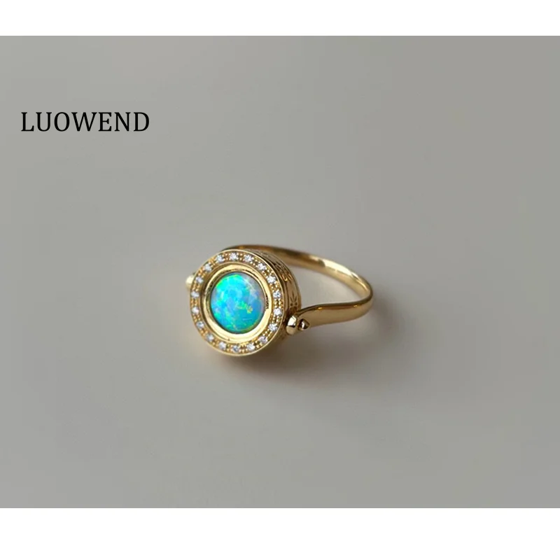 

LUOWEND 100% 18K Yellow Gold Rings Women Vintage Style Natural Crystal Opal&Athena Goddess Gold Coin Design Cocktail Ring