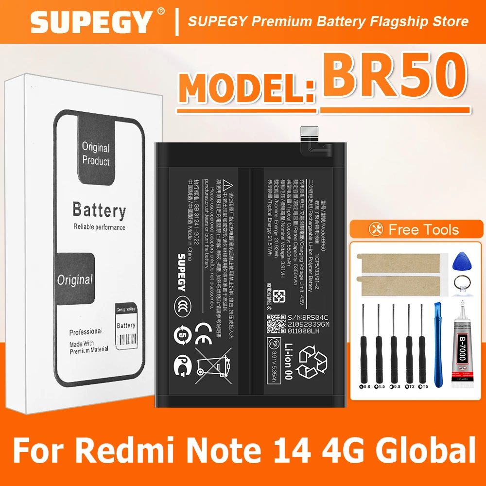 2026 Years NEW BR50 Battery For XIAOMI REDMI NOTE 14 4G GLOBAL Batteries Bateria + Free Tools