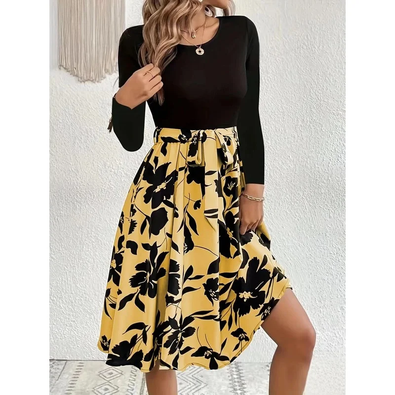 T-shirt rond Ne Long Sve pour femmes, dr moderne, taille moyenne, jupe trapèze, tissu Polyester, basique, printemps automne