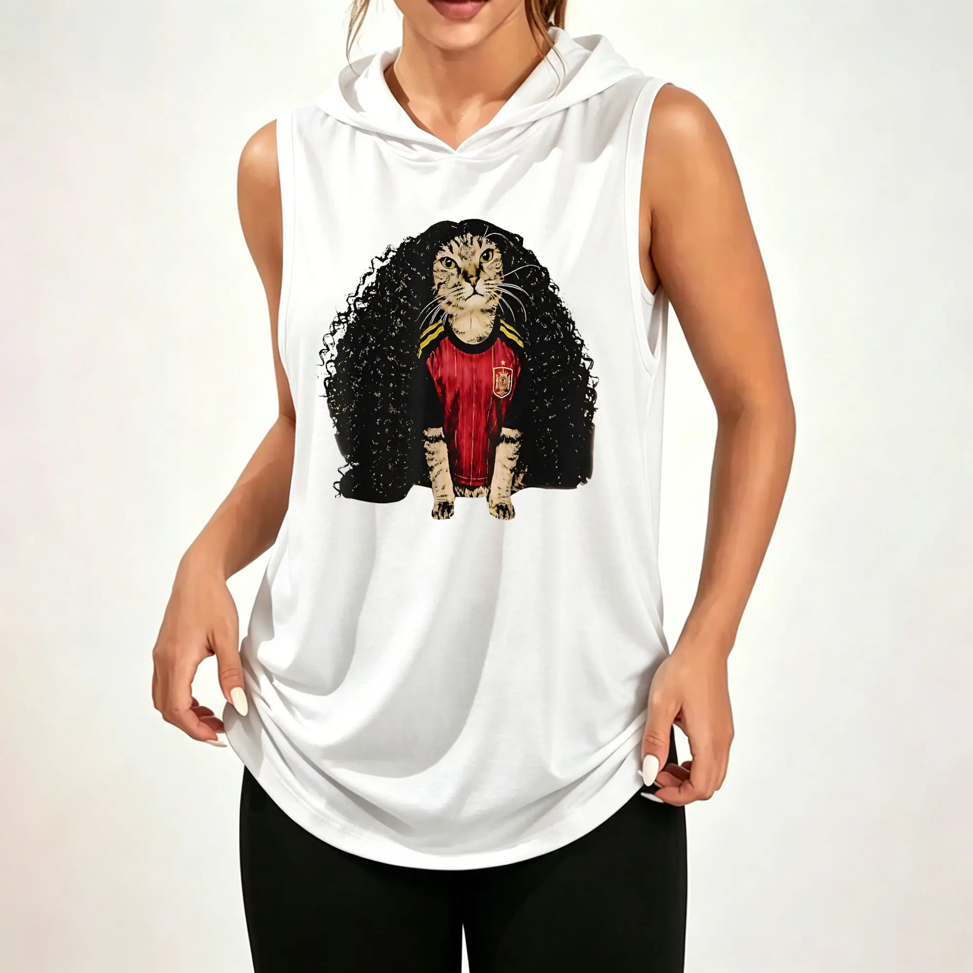 Women's Sleeveless Hoodie, Curly Hair Cat Soccer Jersey Funny Graphic Print Casual Hooded Tank Top