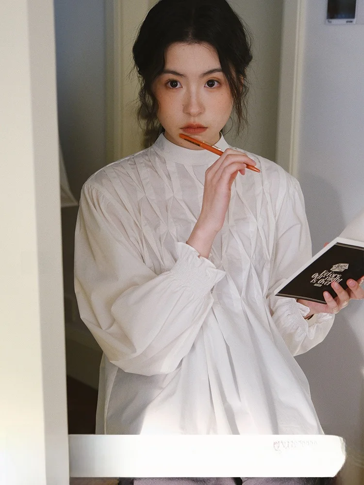 

Design Sensation Early Spring Long Sve Stand Collar Women's irt Pleated Inner Wear Casual Loose Fit Original Design