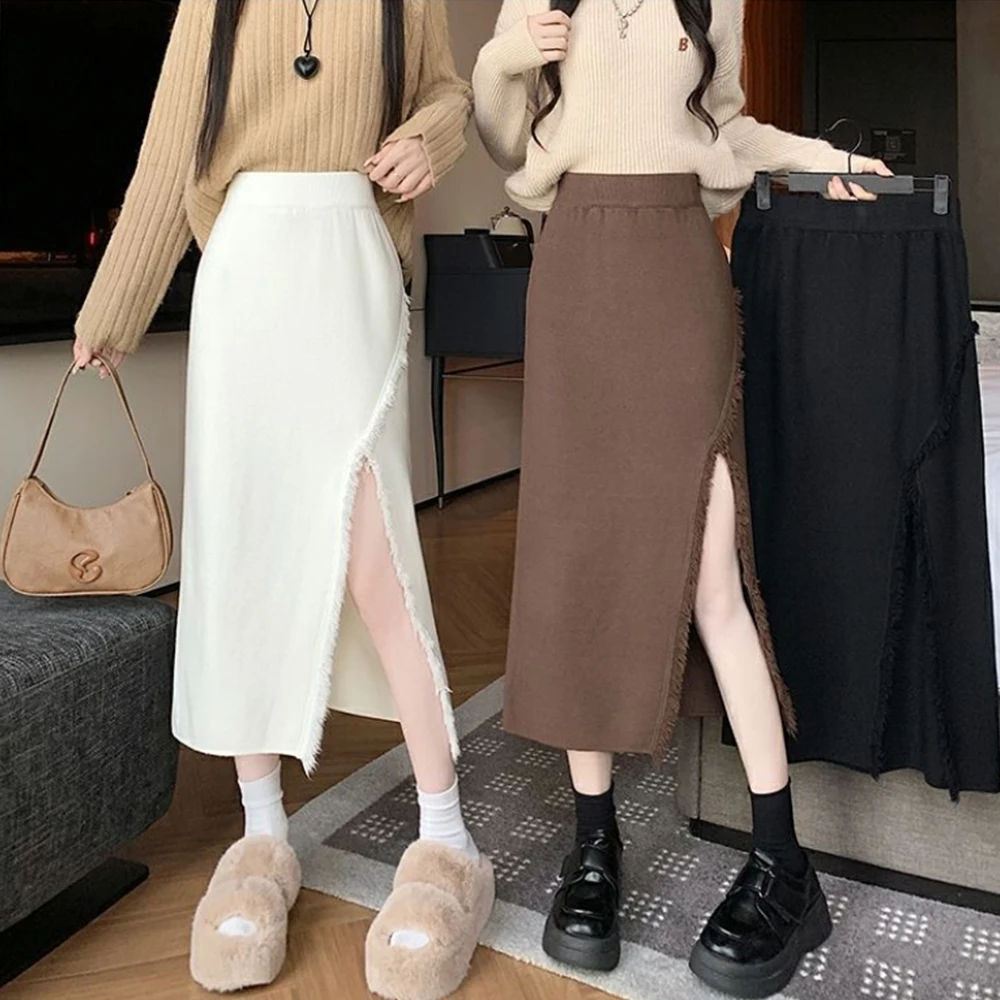 

High Waisted slit Tassel Knitted Skirt Irregular Long Skirt Women Sexy Skirts Crossed Bodycon Pencil Skirts Women