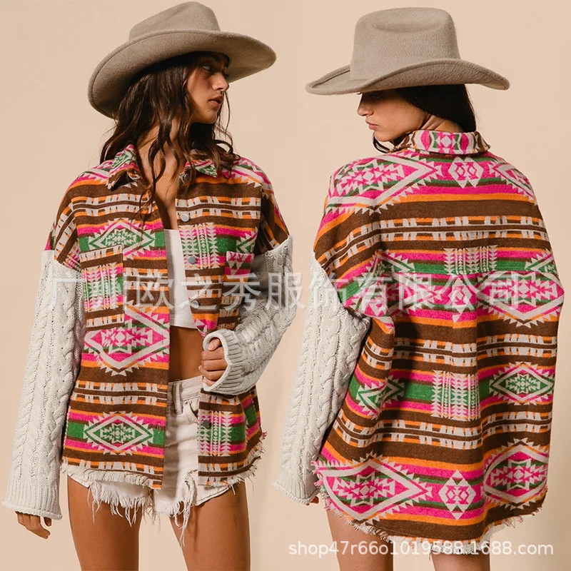 

Woolen Coat Women Print Jackets Sweater Patchwork Knitted Sleeve Pockets Overcoat Autumn Winter Vintage Casual Outerwear