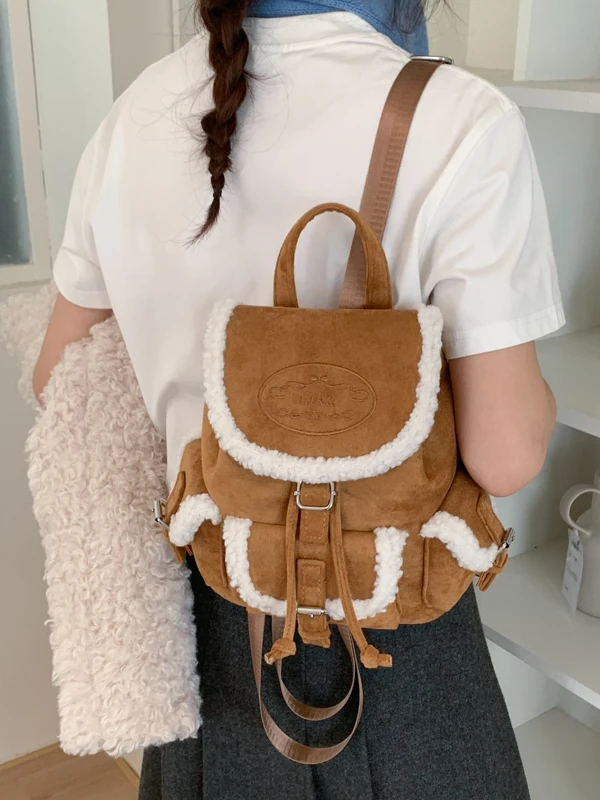 

Женская замшевая сумка из меха ягненка в стиле ретро, модная пригородная сумка, повседневная простая сумка с двуслойным ремешком, откидная крышка с застежкой