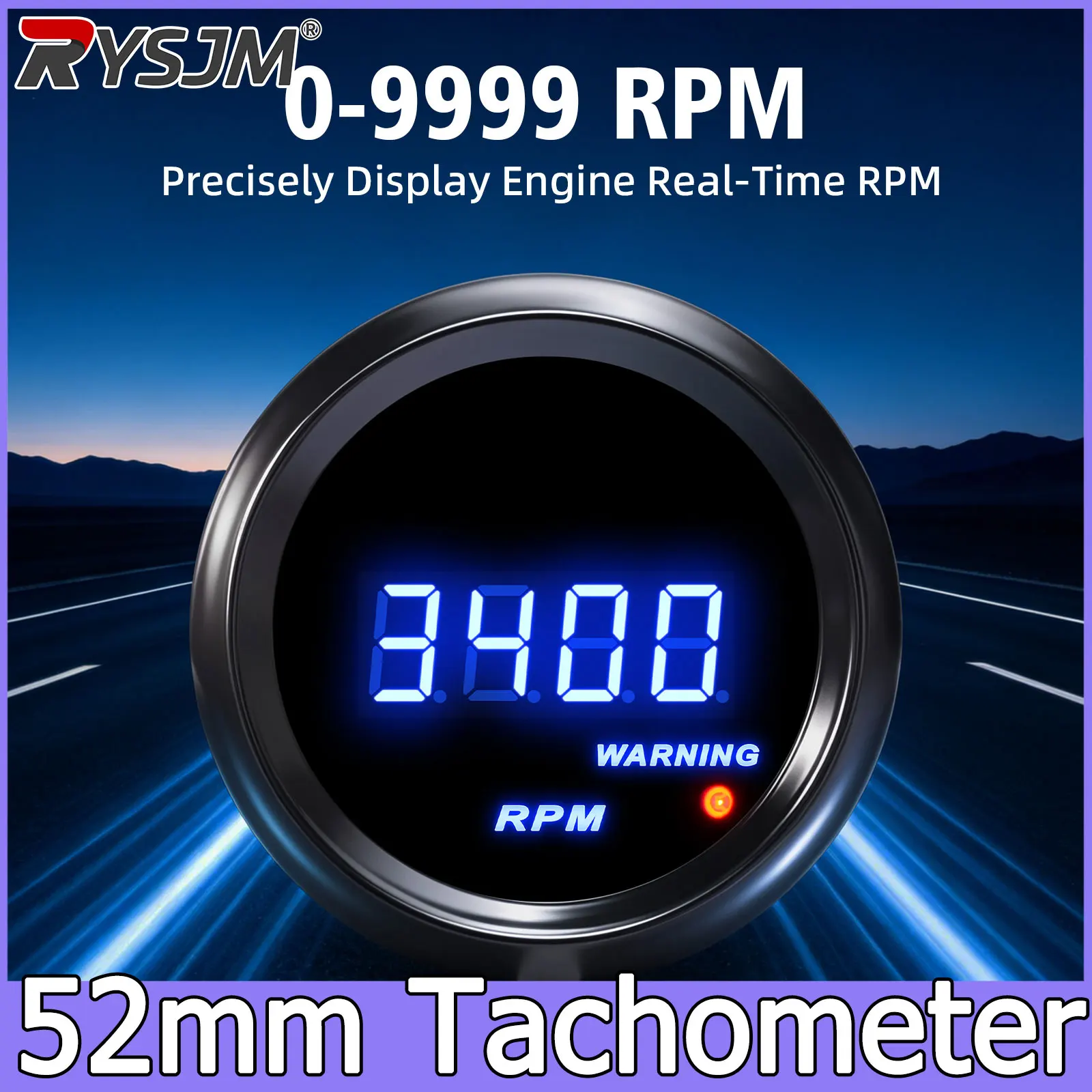 Universal Car RPM Meter 0-9999RPM 52MM Tachometer Gauge Car Engine Digital Blue LED Display Smoke Lens Blue Light 12V DC