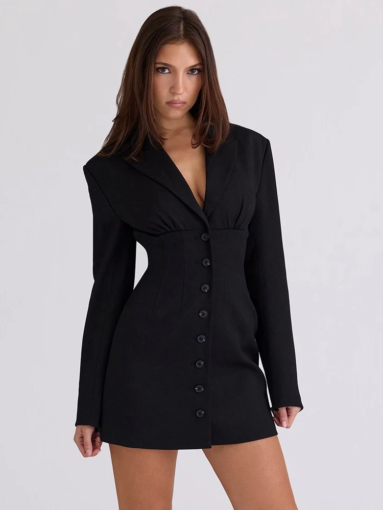 

FDYOUI офисные женские однобортные черные платья-блейзеры 2026, женское шикарное тонкое короткое вечернее платье с отложным воротником и высокой талией