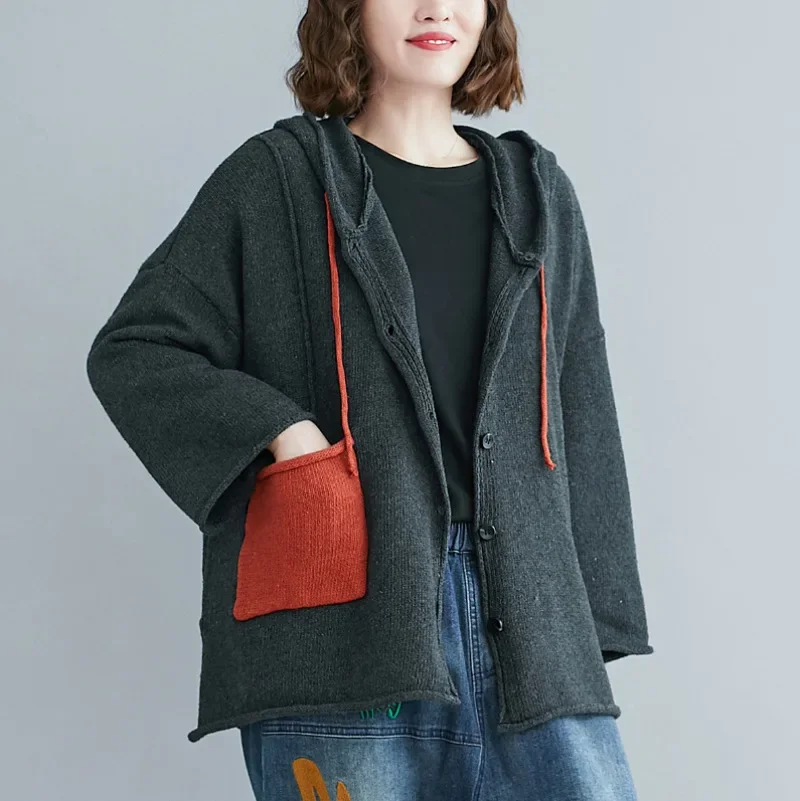 2026 New Autumn Loose Sweater Hooded Women Korean Fashion Drawstring Jacket Knitwear Single Breasted Knitted Coat Pocket