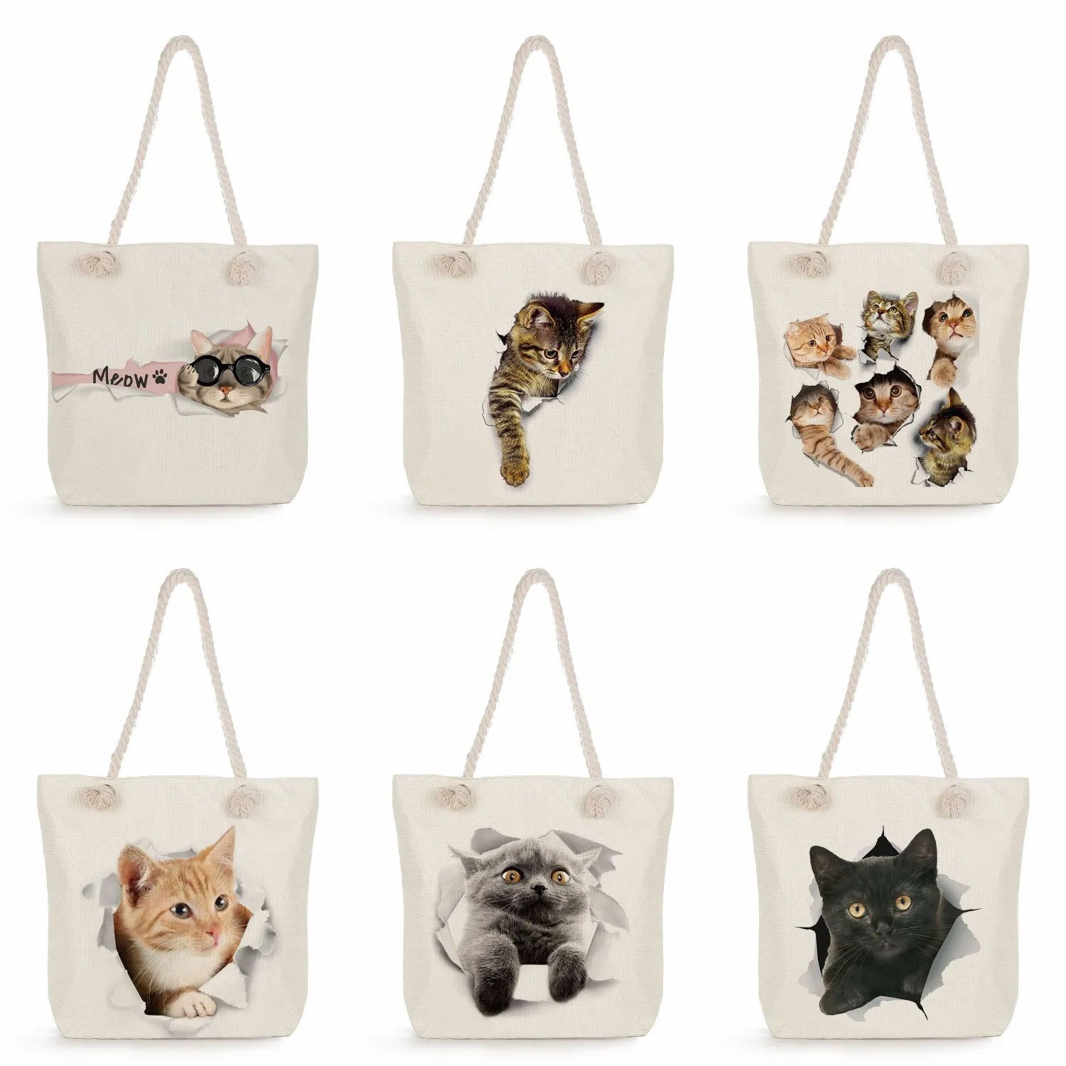 Desenhos animados Broken Wall Cat Print Armazenamento Bolsas, Bolsa de Ombro de Tecido, Eco Reutilizável Mulheres Sacola de Compras, Poliéster