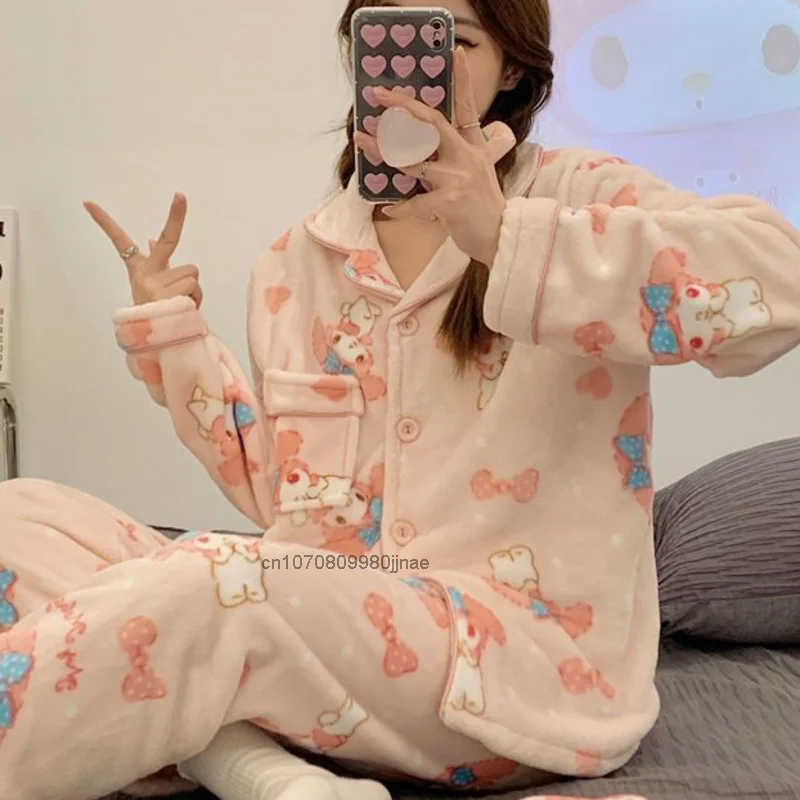 New Sleepwear Sanrio Kuromi Winter Plush pigiama Set donna Hello Kitty Melody Cinnamoroll Home Clothes Suits Fashion Cute Pijama