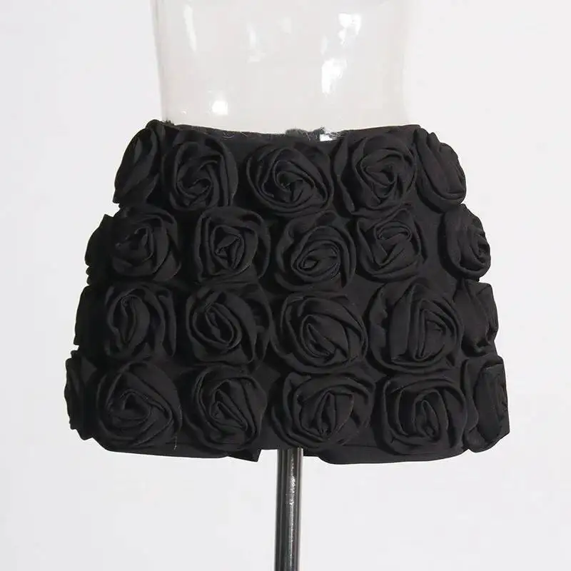 

BabYoung 2025 Spring New A-Line Skirt For Women Fashion Vintage 3D Rose Shorts Skirts Y2k High Waist Black Faldas Mujer Moda