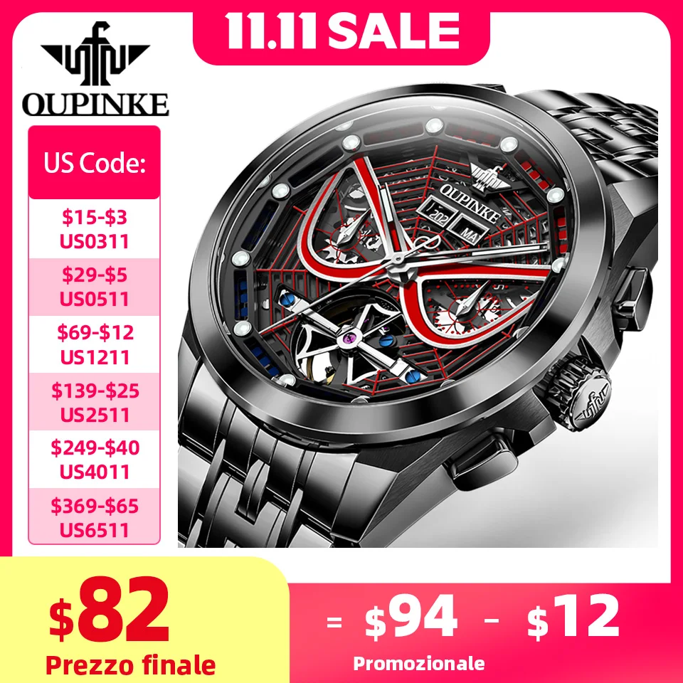 

OUPINKE Original Genuine Watch Automatic Mechanical 3D Hollow Out Spider Dial Wristwatch Waterproof Sapphire Mirror Men's Watch