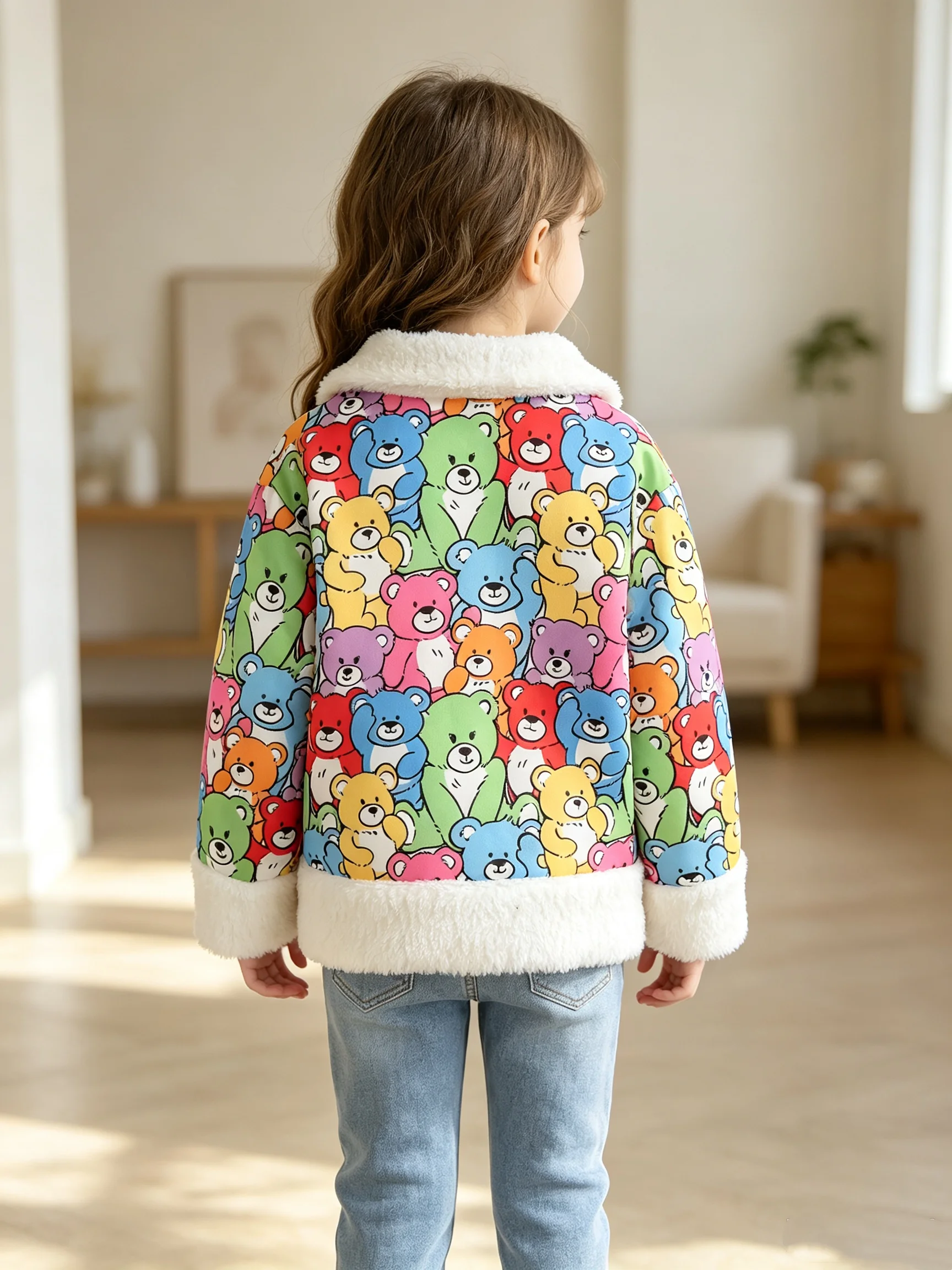 Autumn and Winter Girls' Colorful Bear Full Inca Velvet Jacket with Collar and Thick Windproof Warm Coat