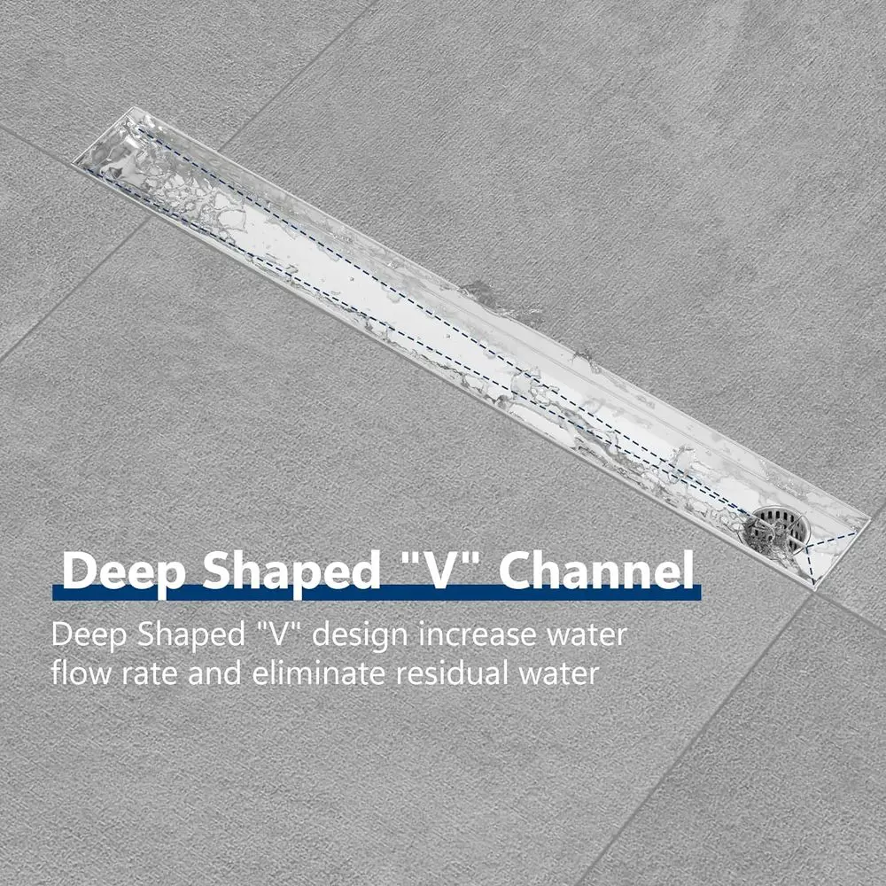 24-Inch Linear Shower Drain with Tile Insert, Brushed Stainless Steel, Recessed Side Outlet, Adjustable Leveling Foot, Hair Stra