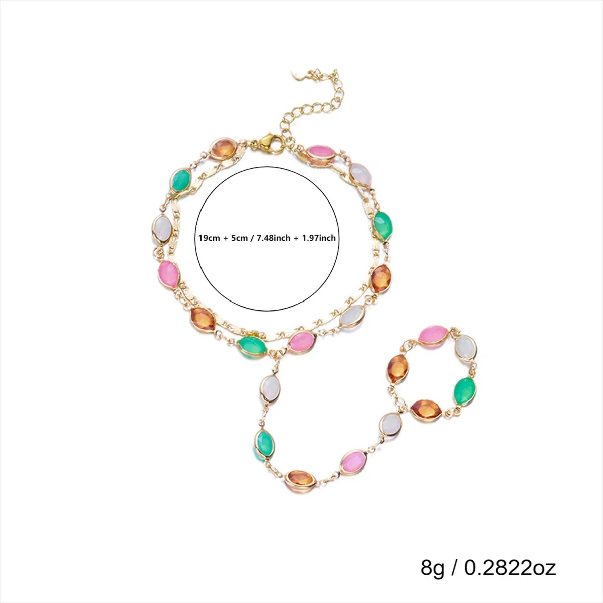 Buntes ovales Harz-Splice-Y-Drop-Halsketten- und Fingerarmband-Set für Frauen, eleganter Vintage-Geometrischer Langer Quasten-Choker-Schmuck – Detail 38