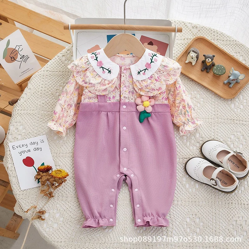 

MILANCEL New Autumn Baby Girls Clothes 0-2Y Infant Sweet Embroidery Peter Pan Collar Romper Floral Patchwork Princess Jumpsuit