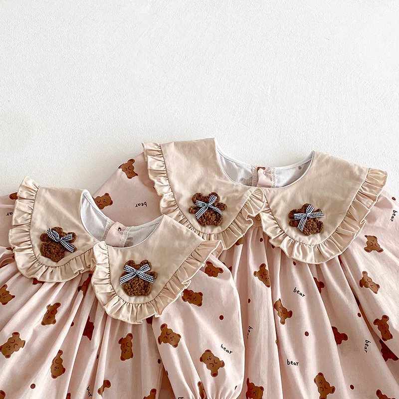 Little Sister Big Sister Matching Cotton Outfit Bear Print Baby Clothes Twins Cute Toddler Infant Bodysuit Girls Collar Dresses