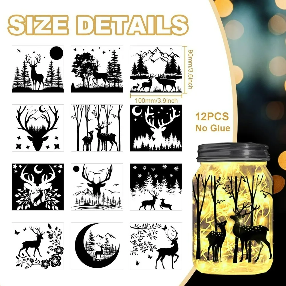 Wild Deer and Tree Silhouette Cutouts for Jars Mason Can Glass Wishing Bottle Decor(No Stickers) 12Pcs Reusable Silhouette